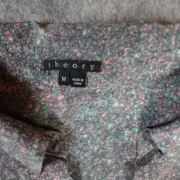 Theory Top Womens Medium Silk Button Front Long Sleeve Burning Glitter Notin - Picture 2 of 10